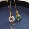 Pendant Necklaces 18K Real Gold Plated Flower Jade Necklace Stainless Steel Lip Chain Round Natural Agate Lucky