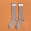 Women Socks Knee-High Stockings Solid Color Striped Harajuku Charming Legs Slimming Easy Matching Cotton Long Woman Fashion