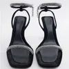 Yaz ışıltılı kadın sandaletler 2023 bahar rhinestone bling ayak bileği kayış topuklu ince topuk sqaure ayak parmağı seksi kare baş seksi ayakkabılar