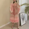 Robes décontractées basiques DEAT femme robe gâteau rose avec maille doublée manches évasées cordon de serrage taille élégante mode plage Style été 15HT424 230615