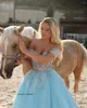 Party Dresses Sheer Illusion Sky Blue Off The Shoulder Ball Growm Princess Prom Sweetheart Beaded Applique Formal Grown Vestido