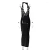 Vestidos casuales Mujeres Sexy Escote en V Profundo Halter Hombro Espalda descubierta PU Cuero Negro 2023 Verano Elegante Mujer Bodycon Vestido largo