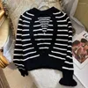 Women's Sweaters 2023 Spring Brand Black White Stripe Knit Shirt Ruffler Beads Pullover Open Back Chic Elegant Women Long Sleeve