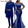 Ethnic Clothing African Couple Matching Clothes for Wedding Women Slim Mermaid Dress Bazin Riche Men Irregular Jacket Pant Sets with Hat Y23C011 230615