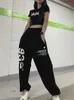 Pantalons pour femmes Capris QWEEK Lettre de la mode coréenne Imprimer Joggers Pantalons de survêtement Femmes Kpop Streetwear Noir Pantalon de sport à jambes larges surdimensionné Hip Hop Punk 230615