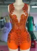 Orange Gillter Short Jumpsuit Prom Vestidos de cumpleaños Body Black Girl Sheer Mesh Crystal Mini vestido de cóctel de noche