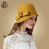 Wide Brim Hats Bucket F 's Black Wool Felt Cloche British Top Hat With Bowknot Bowler Fedoras Ladies Yellow Blue Floppy Derby Cap 230615