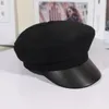 Baskar militär hatt kepsar basker vinter hattar för kvinnor män pu läder gräl ull stickad mössa svart ben kvinnlig vintage gorra militarberets