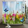 Duschgardiner Floral Tulpan Printing Flower Shower Curtain Watertof Polyester Tyg Badrumsgardin med krokar 180x180 cm Dekorativ gardin 230615