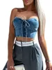 Women's Tanks Wedcur Women Denim Tube Top Sexy Strapless Corset Crop Tops Sleeveless Camisole Backless Tie Up Skinny Jeans Vest (Black L)