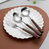 Dinnerware Sets Western Spoon Fork Cutlery Grade Wooden Handle Flatware Stainless Steel Tableware Kitchen Supplies