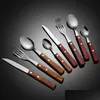 Cucchiai Manico in legno Cucchiaio Forchetta Coltello Set di posate Acciaio inossidabile Casa Cucina Sala da pranzo Posate Gelato Dessert Bistecca Forchette Stoviglie Dhsyw