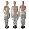 Pantalon deux pièces pour femmes Gold Sliver Metallic Birthday Outfits Femmes Deux ensembles de pièces Club Party Crop Top et pantalon Streetwear Hip Hop Rave Festival Outfit 230615