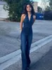 Kobiety Jumpsuits Rompers Hugcitar Denim Jumpsuit V SCICK ZAPIPER BELL Slevess Sexy Outifts Eleganckie impreza z plecakiem Summer 230615