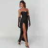 Vestidos casuales Mujer sexy Vestido formal 2023 Elegante correa de espagueti Sin espalda Cintura alta Hendidura Bodycon Brillante Largo Fiesta Guantes de noche