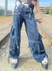 Kvinnors byxor capris rapcopter y2k bandage last jeans punk metall blå baggy streetwear byxor kvinnor koreanska grunge estetiska jeans stilfull vintage 90 -tal 230615
