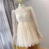 Casual Dresses 2023 Brand Stand Collar Flare Sleeve Women Tulle Dress Transparent Mesh Polka Dot Cute Mini Vestidos Mujer