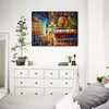 Stunning Landscape Canvas Art Night Trolley Ii Hand Painted Urban Streets Painting Lobby Decor