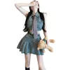 Arbeitskleider Damen Sommer Kurzrocksets Gruppte Weste Top Mini Falten-Jeansröcke zweiteiliger Anzug Streetwear Y2K Kleidung Q610