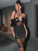 Casual Dresses Sexy Black PU Leather Mesh Patchwork Midi Night Club For Women 2023 Summer Fashion See-through Bodycon Party Slip Dress