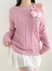 Damenpullover Rockmore Rosa Schleife Schnürung Kawaii Winter Ästhetischer Twist Strickpullover Y2K Casual Frauen Lose Schulterfrei Pullover Koreanisch