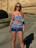 Casual Kleider Sexy Frau 2023 Sommer Denim Patchwork Korsett Top Paket Hüfte 2 Stück Set Streetwear Mädchen Mode Mini Röcke anzüge
