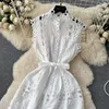 Casual Dresses Vintage Hollow Out Lace Floral Embroidery Dress Summer Autumn Women Sleeveless Sashes Short Dresses Runway Vestidos248o