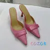 Slippers Sexy Pink Silk Pointed Toe Crystal Hook & Loop Belt High-heel Summer Women's Party Shoes Large Size Brand Mules