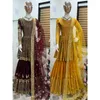 Etniska kläder pakistanska salwar kameez sari guld lösa blossade byxor långärmad sharar set