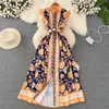 Urban Sexy Dresses Summer Women Fashion Sleeveless Printed Dress with Belt Lapel Flying Sleeve Elegant Vestido High midje Mid-Längd Damklänningar 2023