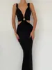 Casual Dresses Women 2023 Summer Halter Neck Bandage Backless Long Dress Elegant Female Hollow Out High midje Evening Party Prom Black