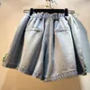 Jeans Feminino Luxo Moda Verão 2023 Calças Femininas de Pernas Largas Diamantes Verdes Lantejoulas Elásticas Cintura Alta Casual Shorts Jeans Linha A