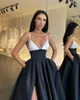 Sexy Black White Prom Dresses SPaghetti A Line Party Evening Gowns Pleats Slit Semi Formal Red Carpet Long Special Occasion dress