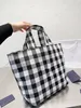 Plaid canvas storage bag age cute eye-catching design sense College wind open shoulder bag large capacity strong load bearing