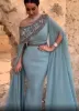 Dusty Blue Off Shoulder Mermaid Prom Dresses Plus Size Arabic Sequined Beaded Evening wear Gown Poet Long Sleeves Formal Party Dresses