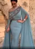 Dusty Blue off-shoulder zeemeermin galajurken grote maten Arabische pailletten kralen avondkleding jurk dichter lange mouwen formele feestjurken