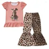 Clothing Sets Wholesale Baby Girl Easter Kids Outfit Children Short Sleeves Flower Shirt Leopard Bell Bottom Pants Toddler Set