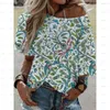 Camisetas Femininas 3D Femininas Casual Manga Curta Sexy Moda Boho Off Shoulder Camisa Decote em Ângulo Top de Verão Estampa Floral