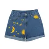 Damskie szorty moda księżyc Słońce druk luźne dżinsowe spodenki dla kobiet letniego hemming niebieski chłopak w stylu krótkie spodnie 230616
