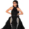 Black Mermaid Evening Dresses With Long Train Halter Beads Sequins Tulle Prom Dress Floor Lenght Special Occasion Dresses