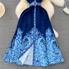 Casual Kleider Sommer Neue Revers Ärmelloses Druck Kleid Frauen Rosa Blau Vestidos Mit Gürtel Schlanke Einreiher Fliegen Ärmel damen Kleider 2023