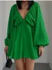 Robes décontractées Femmes Babydoll Mini Robe Manches Longues Lanterne Col V Profond Court Chemise Sexy A-Line Summer Beachwear Robe d'été (Vert