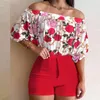 Vrouwen Blouses Zomer Vrouwen Half Mouw Geplooid Off Shoulder Shirt Mode Print Blouse En Shorts Pak Effen Kleur Kleding 25629