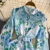 Women Women Hollow Out Floral Print Fress Short Stand Stand Button Decoration Long Sleeve Ladies Virtes Green Blue Vestidos 2023