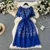 Casual Dresses Runway Designer Luxury Lace Party Dress Vintage Lapel Short Sleeve Belt Summer Dress Gold buttons Hollow Out A-line262Q