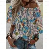 Camisetas Femininas 3D Femininas Casual Manga Curta Sexy Moda Boho Off Shoulder Camisa Decote em Ângulo Top de Verão Estampa Floral