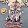 Casual Dresses Runway Maxi Dress Women's Long Lantern Sleeve Stand Gorgeous Flower Print Long Dress Female Buttons up Sashes 349t
