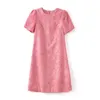 2023夏のピンクのソリッドカラードレス半袖の丸いネック膝の長さのカジュアルドレスw3l041903