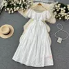 2023 Casual Dresses Runway Designer Hollow Out Embroidery Long Dress for Women Summer Slash Neck Vintage Vacation Vestidos Elegant Robe