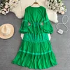 Günlük elbiseler Vintage içi boş dantel dikiş orta uzunlukta kadınlar elbise yüksek bel düz renkli elbiseler vestidos v yaka uzun kollu150h